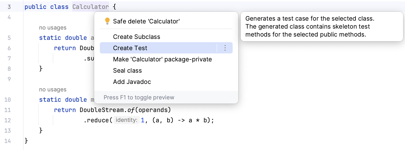 The code of the class that we are going to test