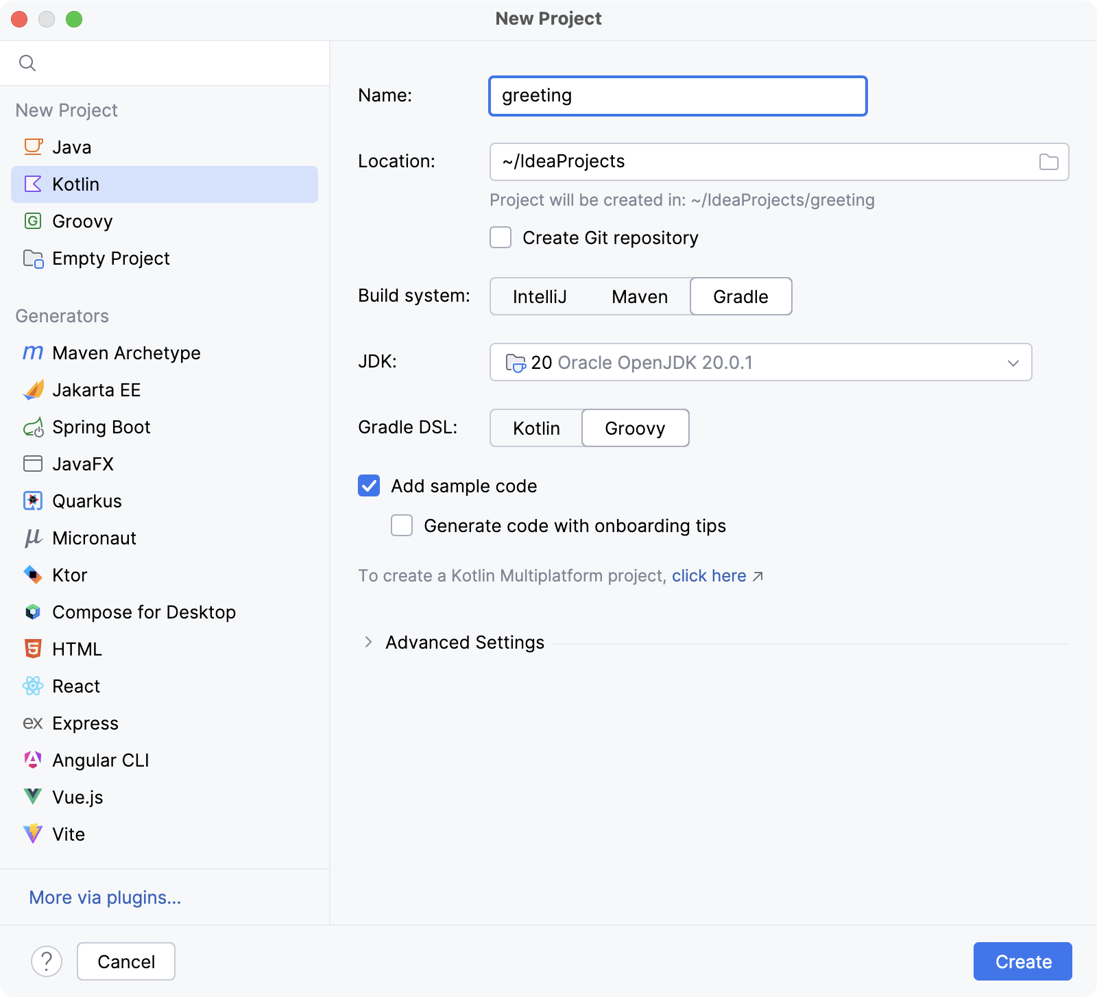 New Kotlin project with the Gradle build system with Groovy DSL