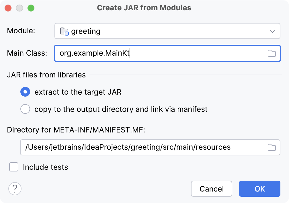 The Create JAR from Modules dialog