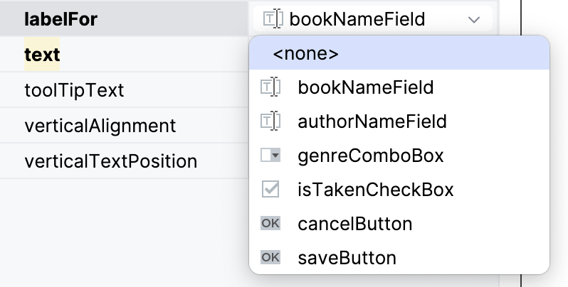 The labelFor field of a JLabel component