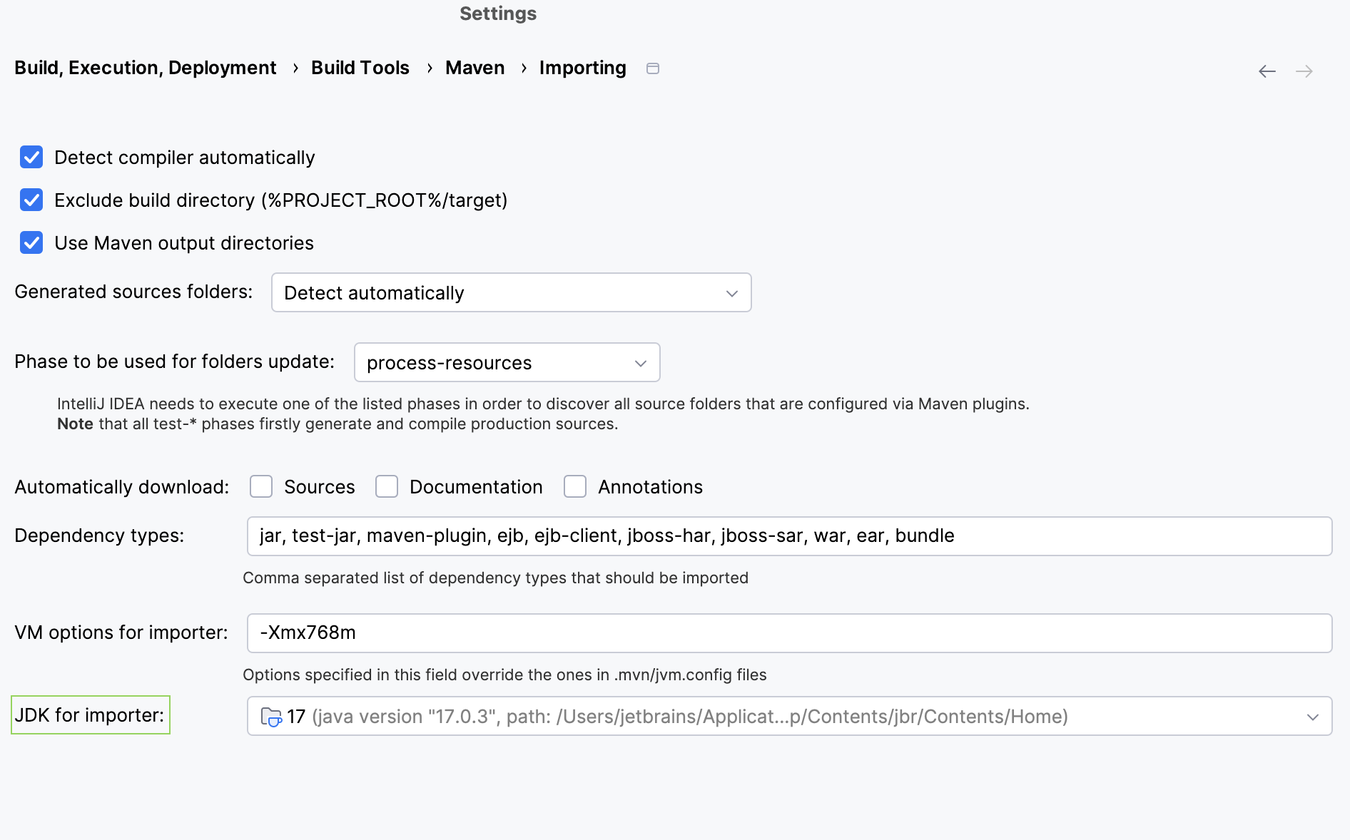 Maven Settings / Importing page