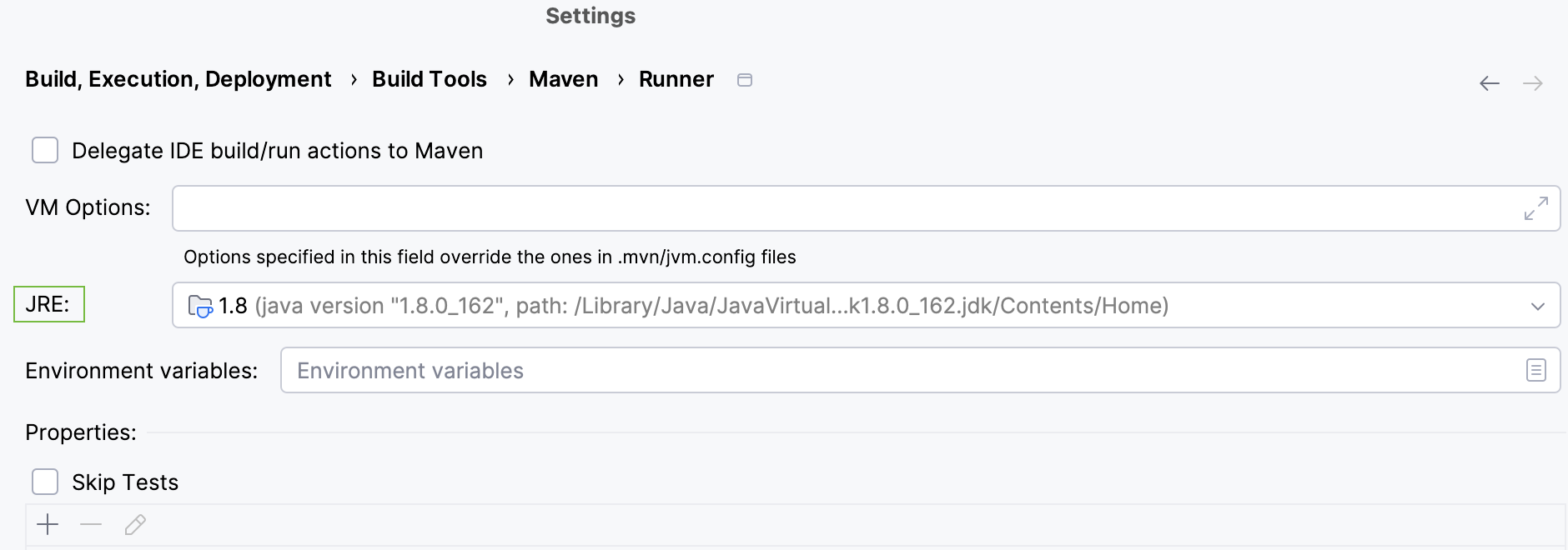 Maven Settings / Runner page