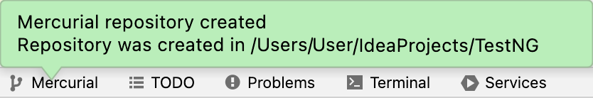 Notification saying that the             Mercurial repository has been created