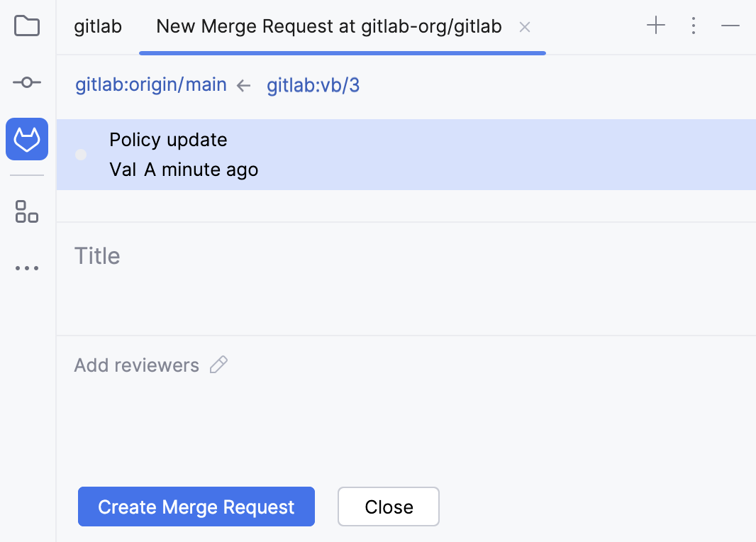 Merge Requests tool window with a new merge request