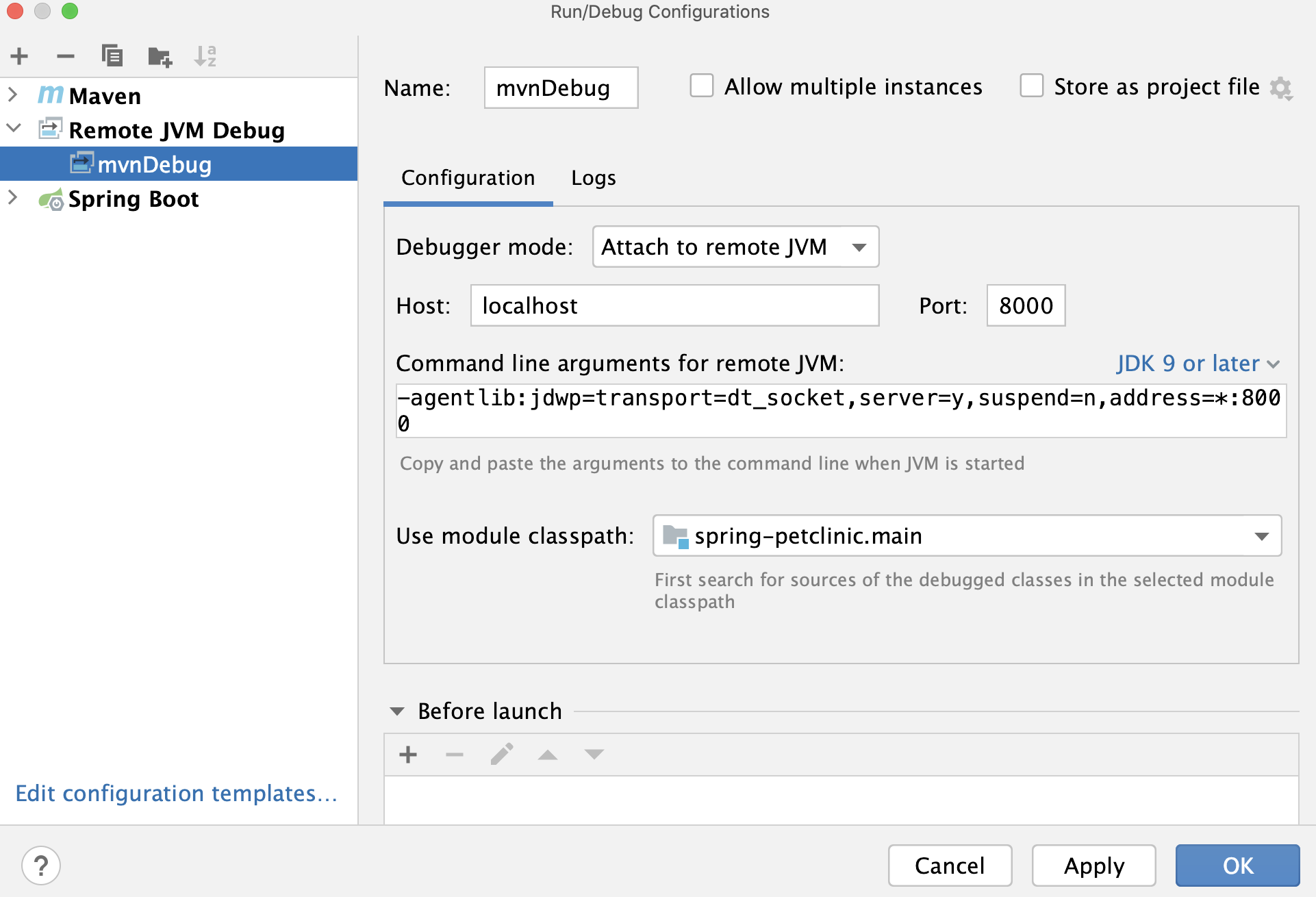 Debug configurations