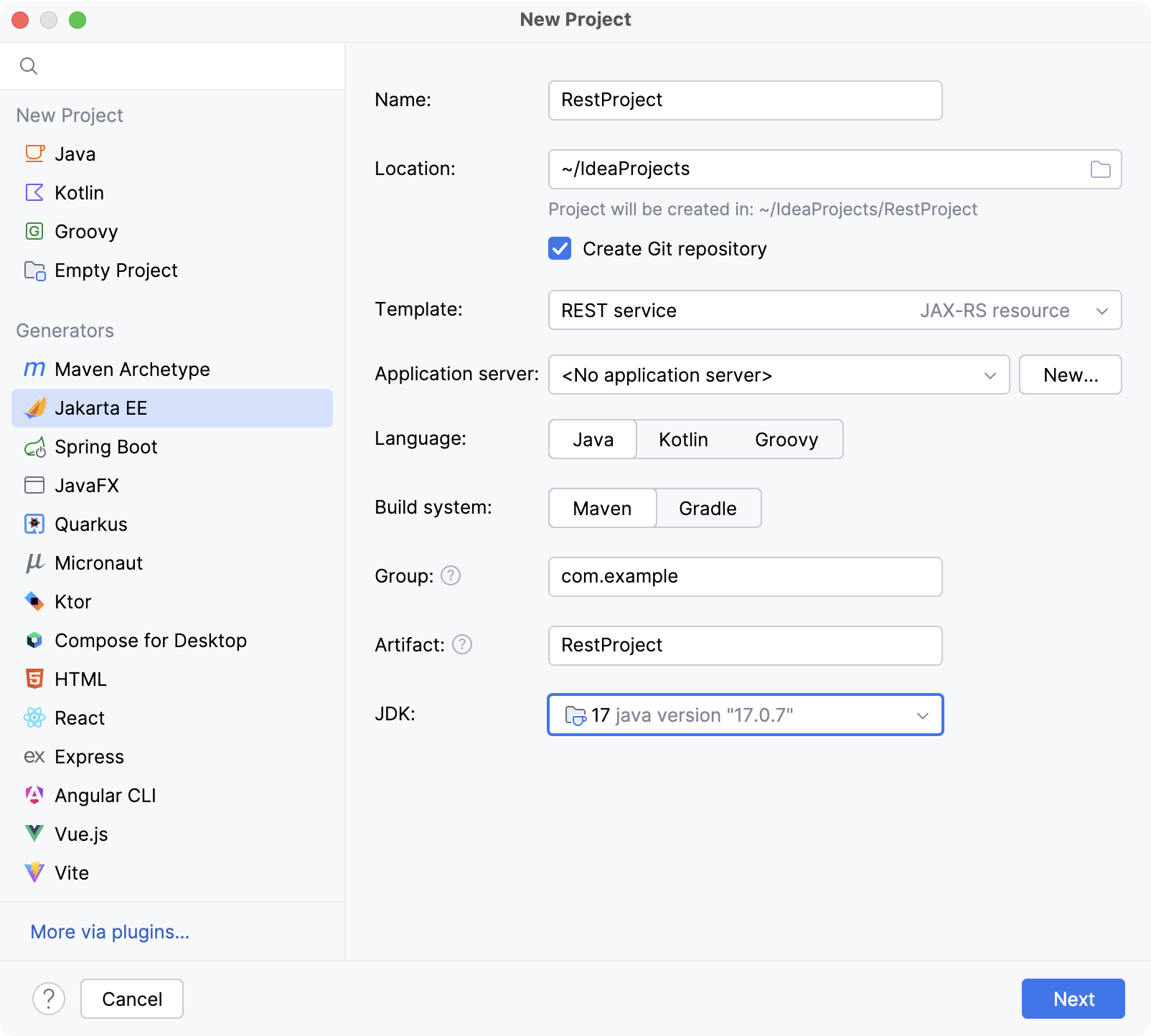 Creating new project with REST support