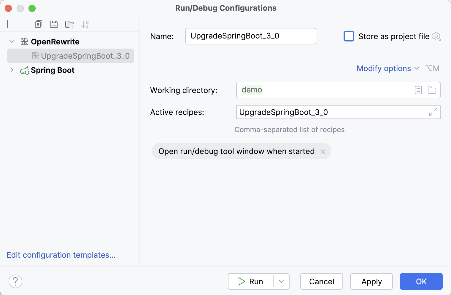 OpenRewrite run configuration