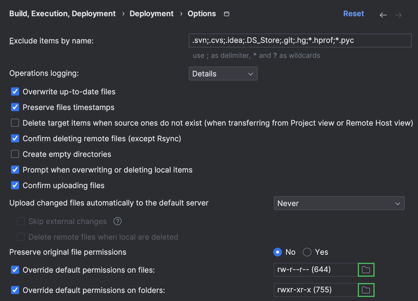Files/Folders Default Permissions dialog | IntelliJ IDEA Documentation