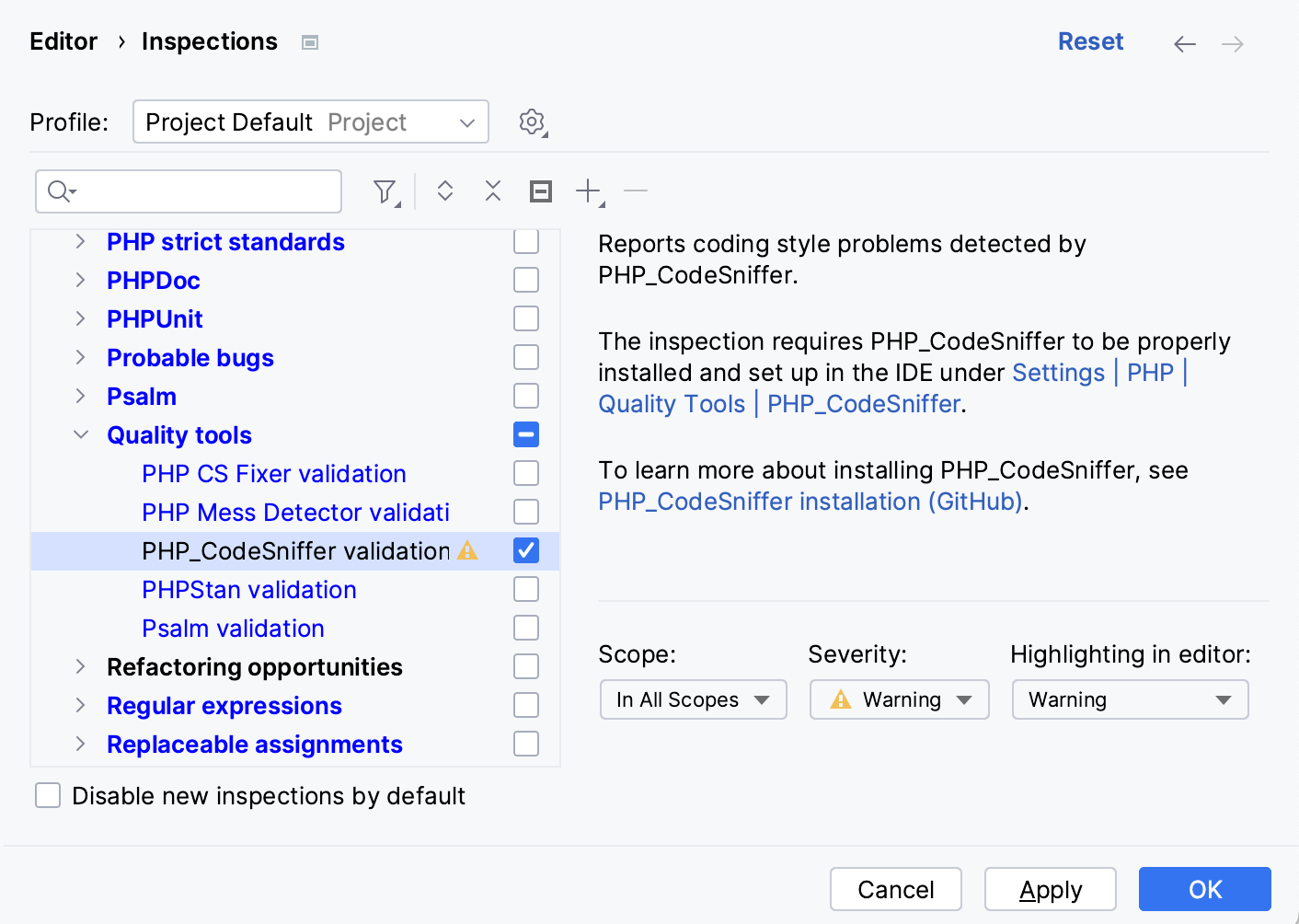 Select PHP_CodeSniffer validation checkbox