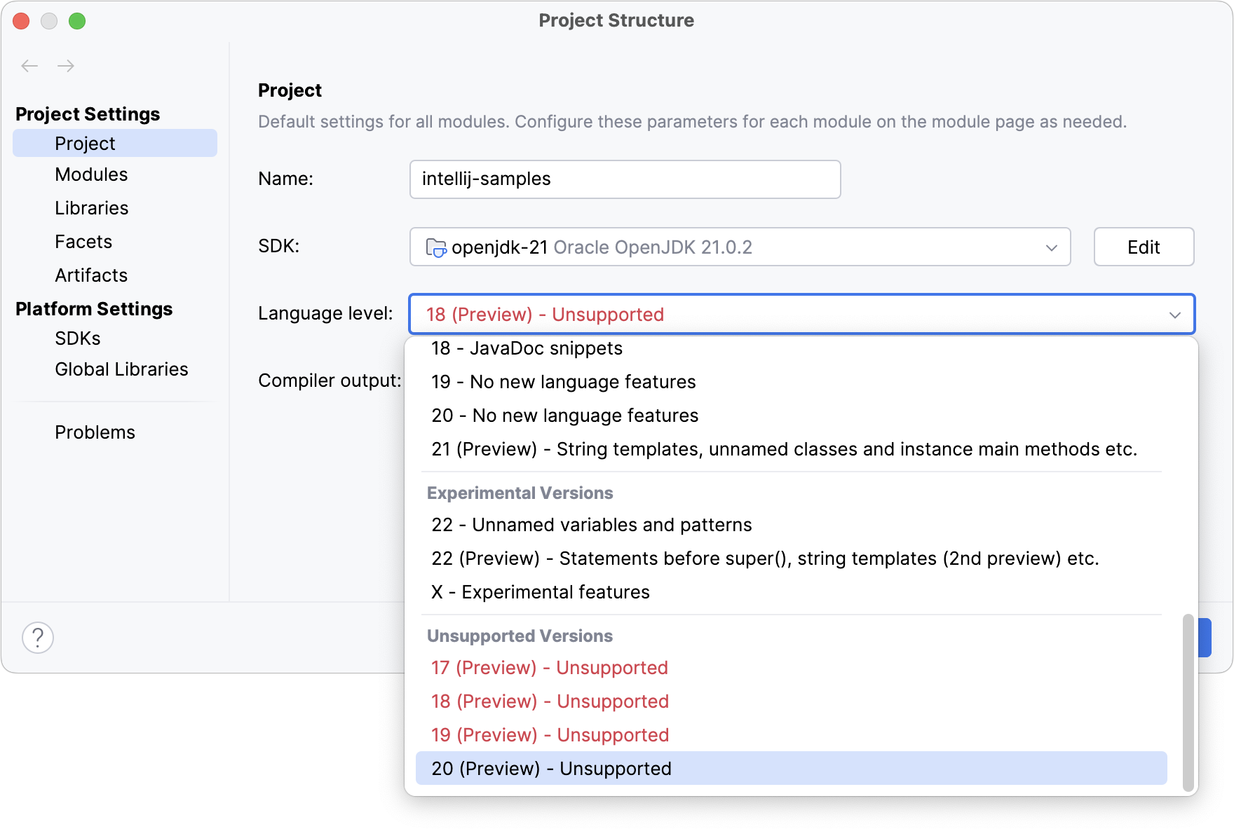 selecting preview features in Language level