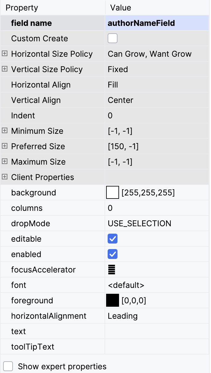 The property inspector section of a form