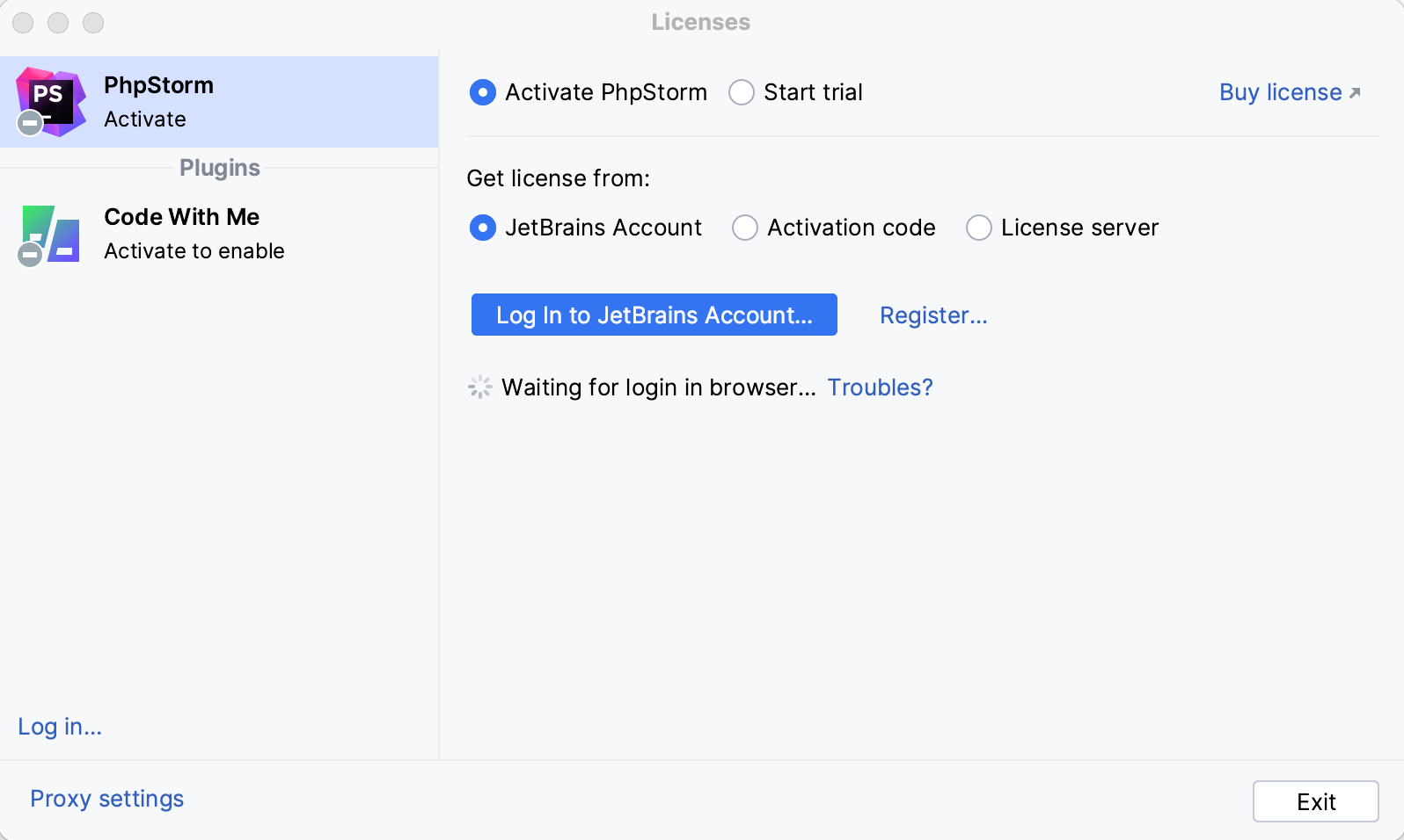 Activate PhpStorm license with a JB Account