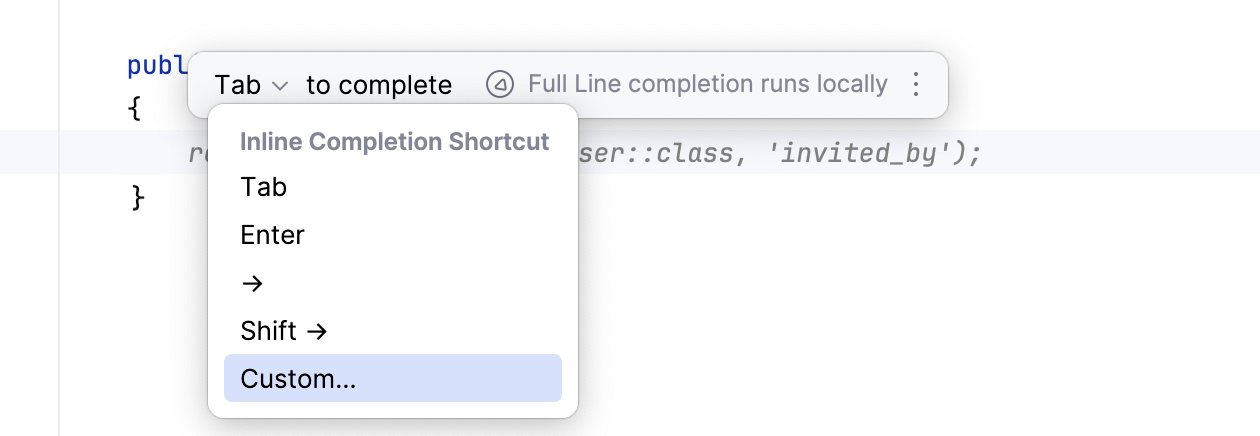Full line code completion popup