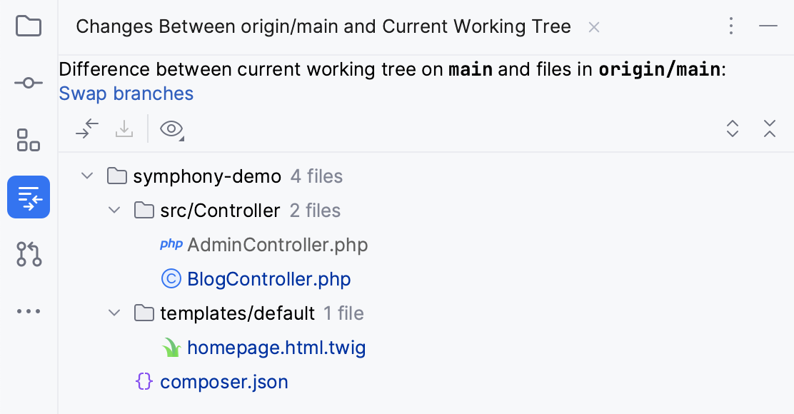 Show diff between selected branch and current working tree