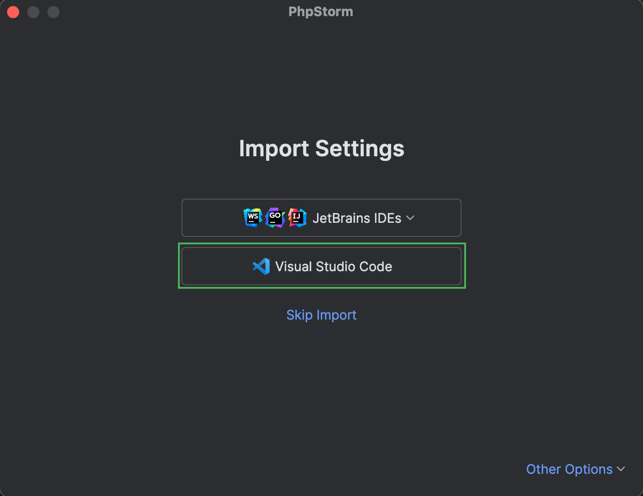 The Import Settings dialog with the cursor on the Visual Studio Code button