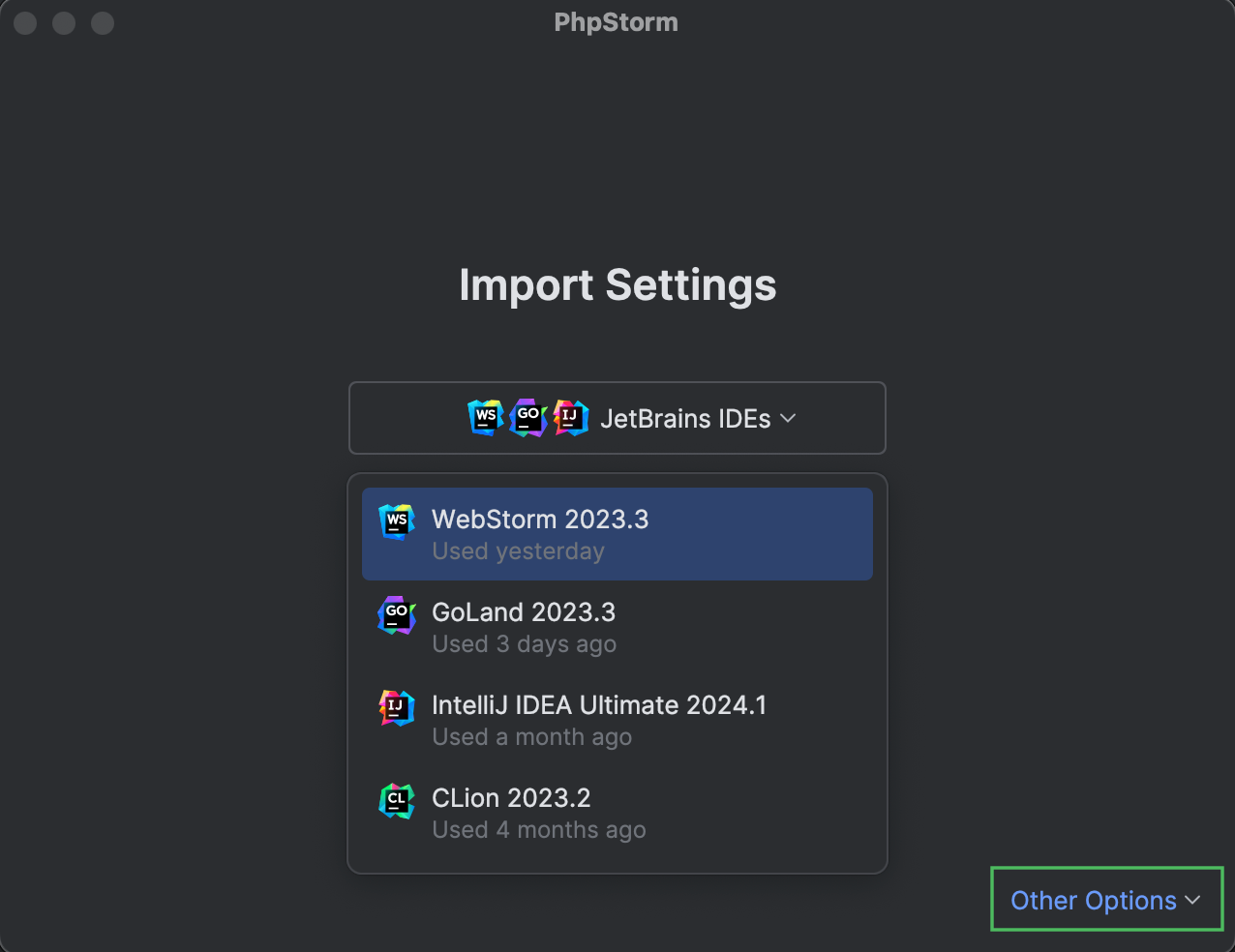 The Import Settings dialog with the opened drop-down list