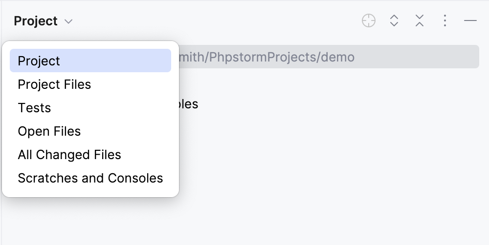 The Project tool window with the Group Tabs option disabled