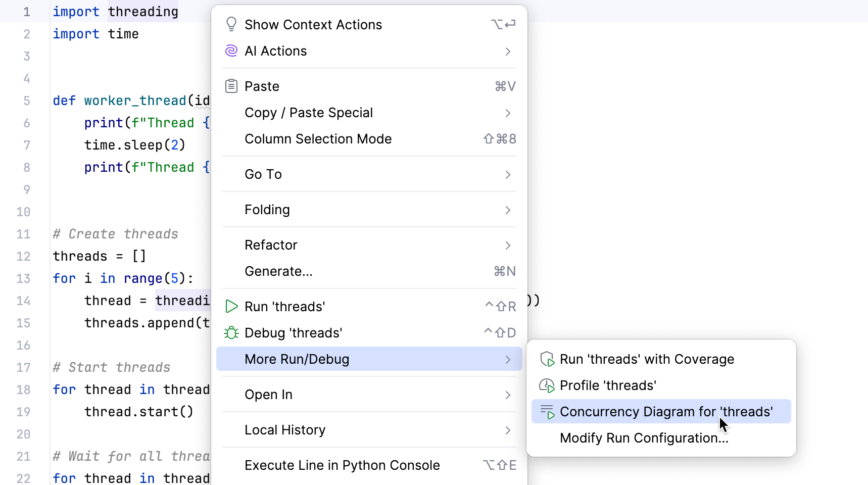 Run Concurrency Diagram from the context menu