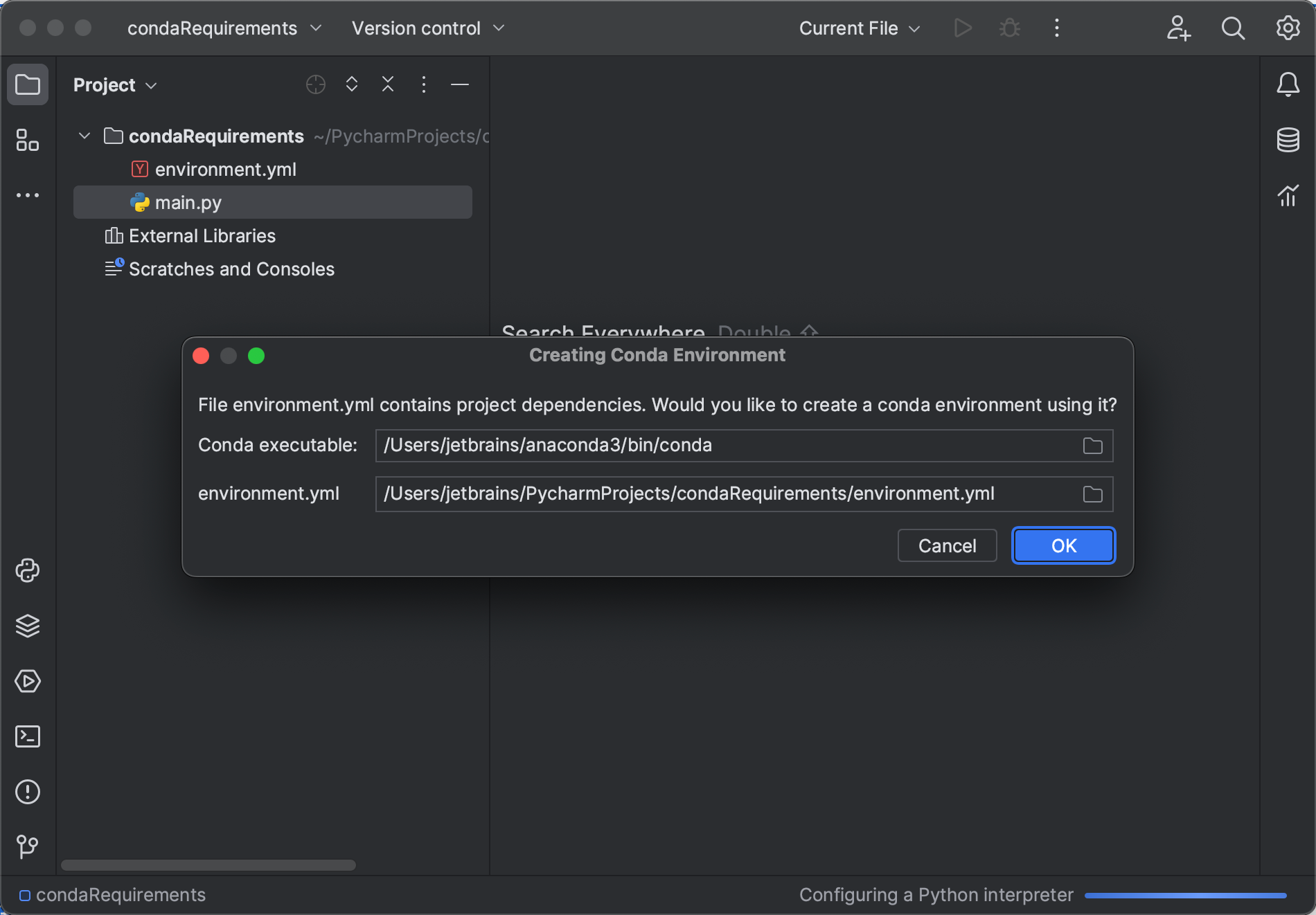 Configure a conda virtual environment pycharm documentation