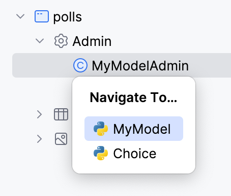 Selecting a model to navigate from the admin class