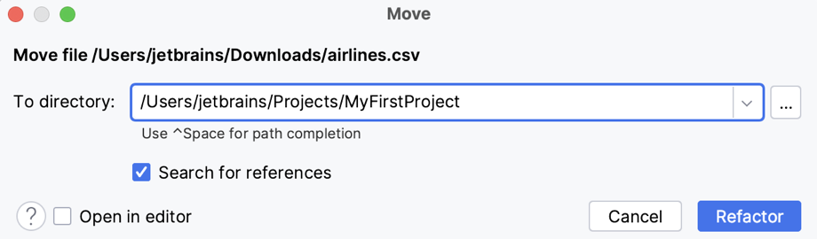 Copy a file to the project folder