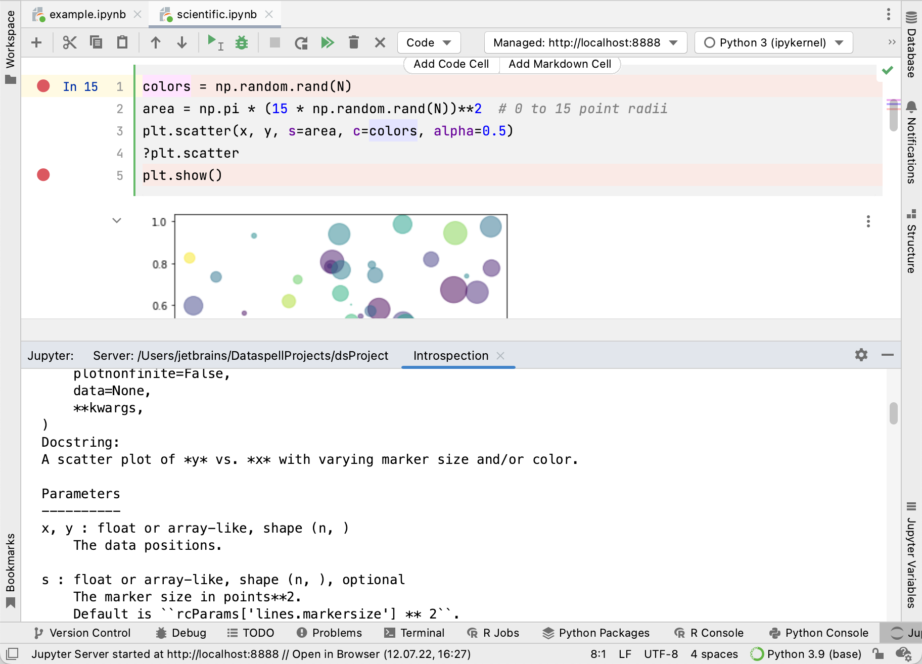 Previewing reference documentation for plt.scatter