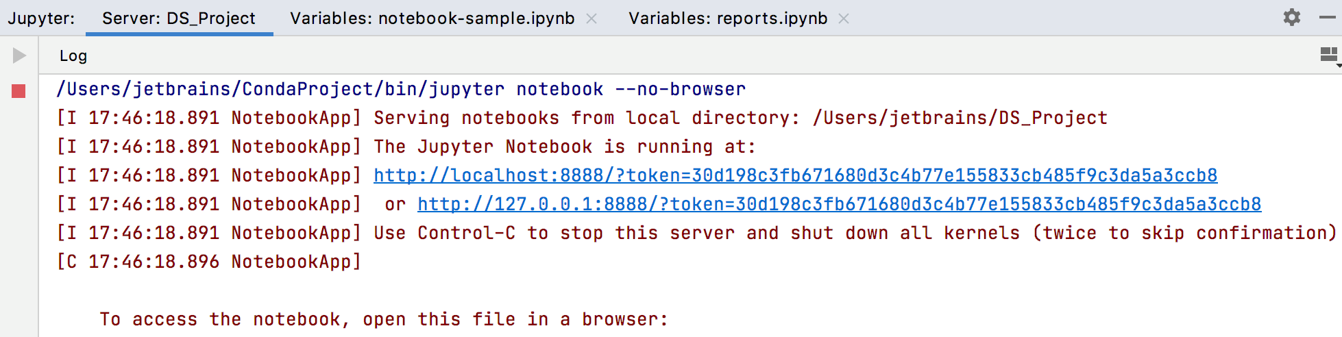 Jupyter server tool window: the Server log tab