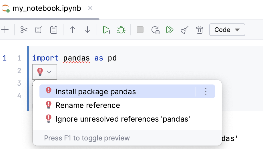 Select install package pandas