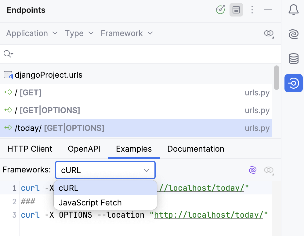 Endpoints tool window: Example tab