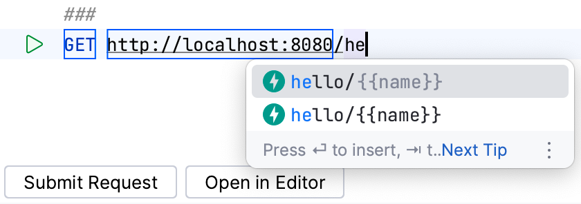 Code completion in the HTTP client