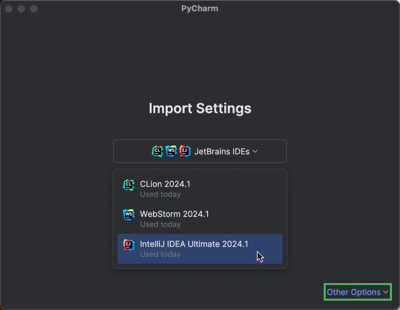 The Import Settings dialog with the opened drop-down list