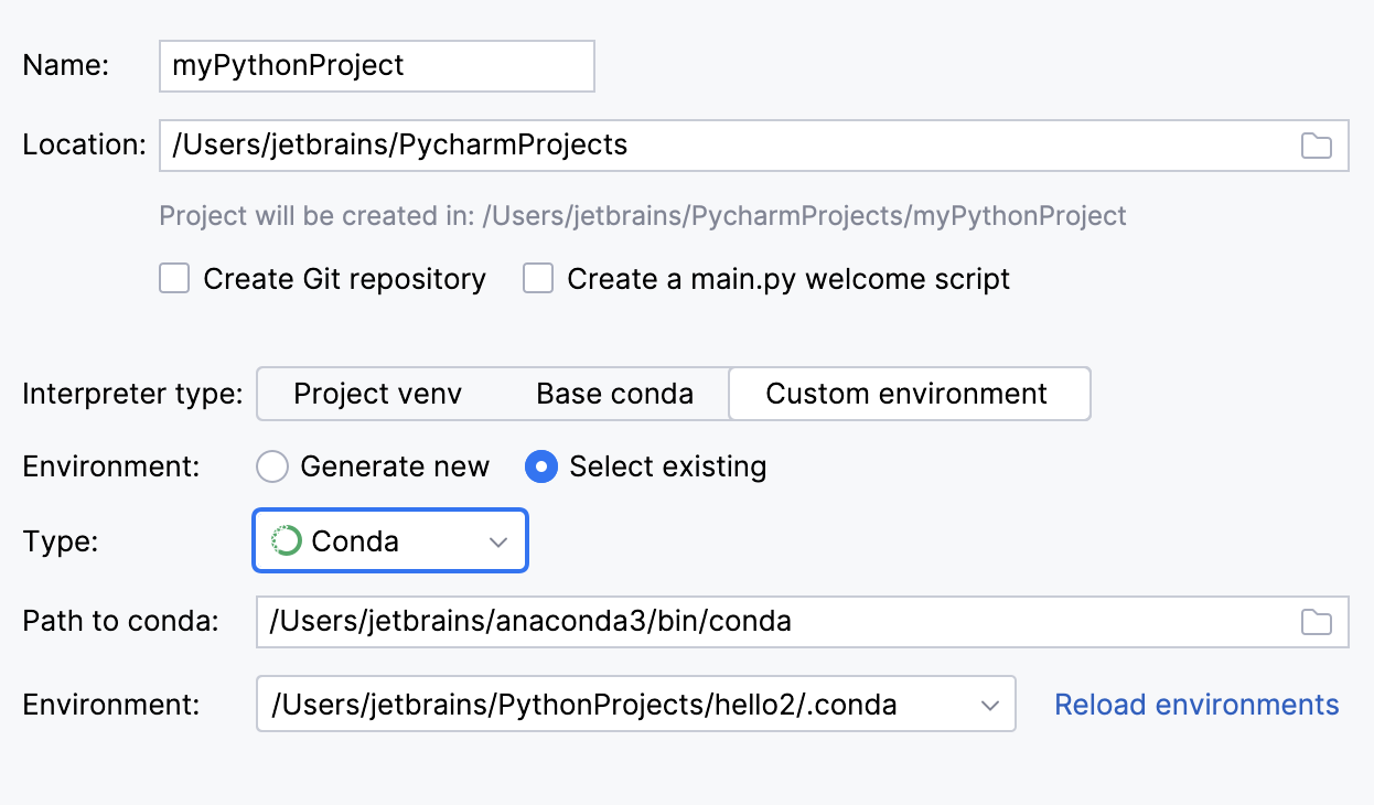 Selecting existing conda interpreter for a new project