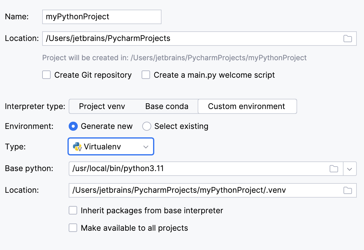 Create a project with virtualenv
