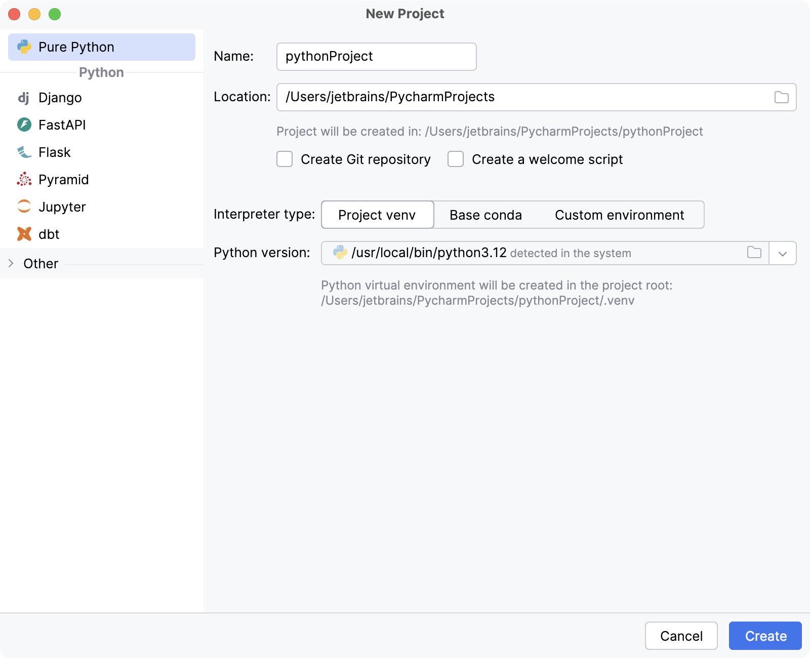 Creating a new project in PyCharm Professional