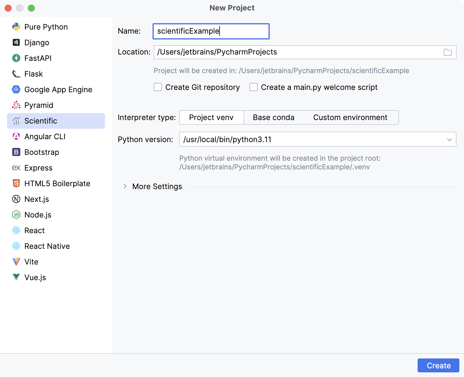 Creating a new scientific project in PyCharm