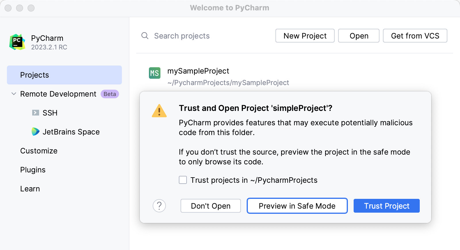 Untrusted project warning