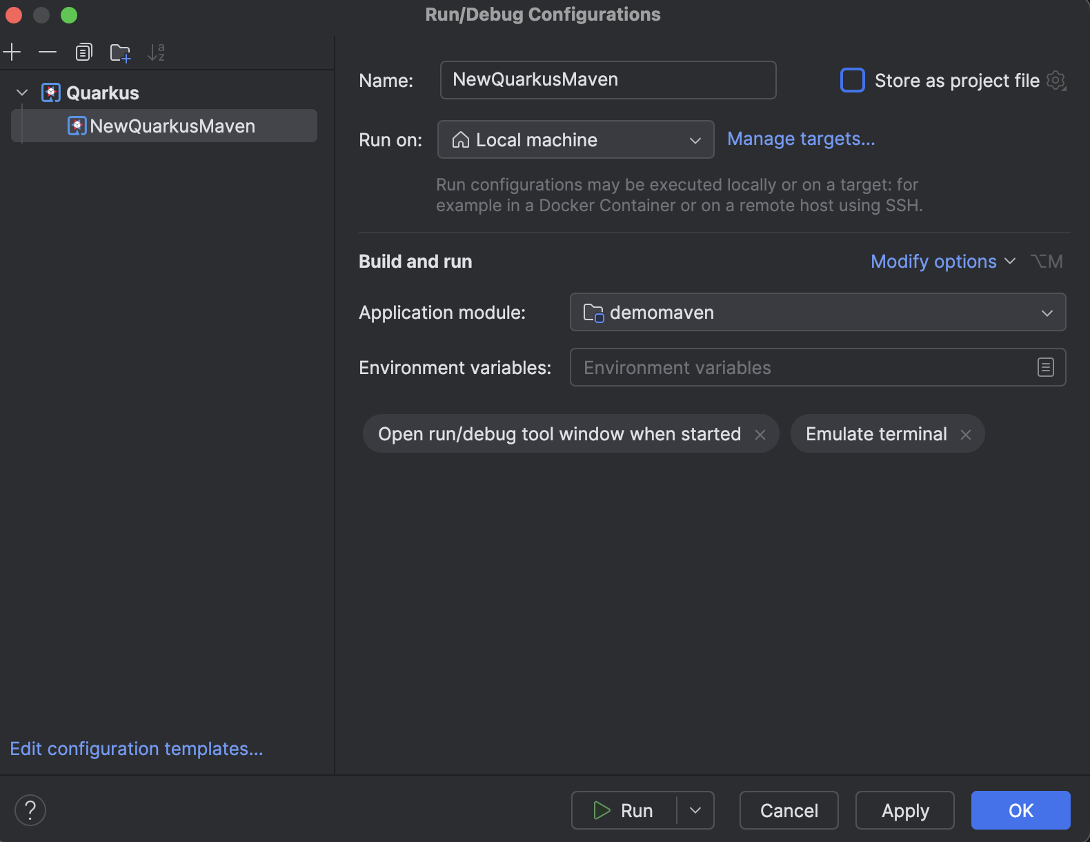 Quarkus run configuration intellij idea documentation