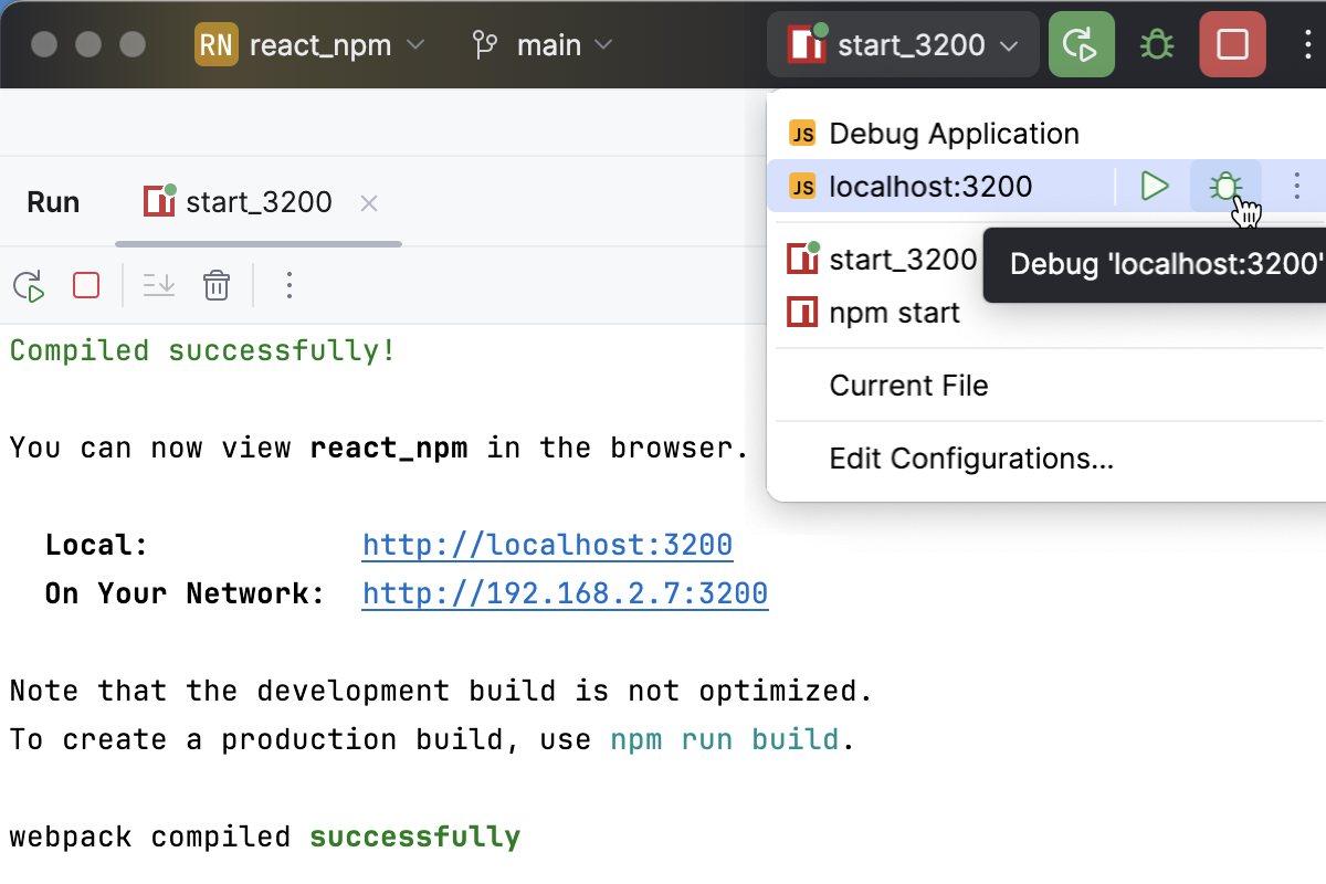 Run a JavaScript Debug configuration from the Run widget