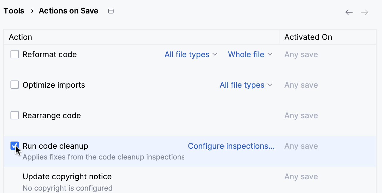 Enable code clean-up on save and configure the inspection