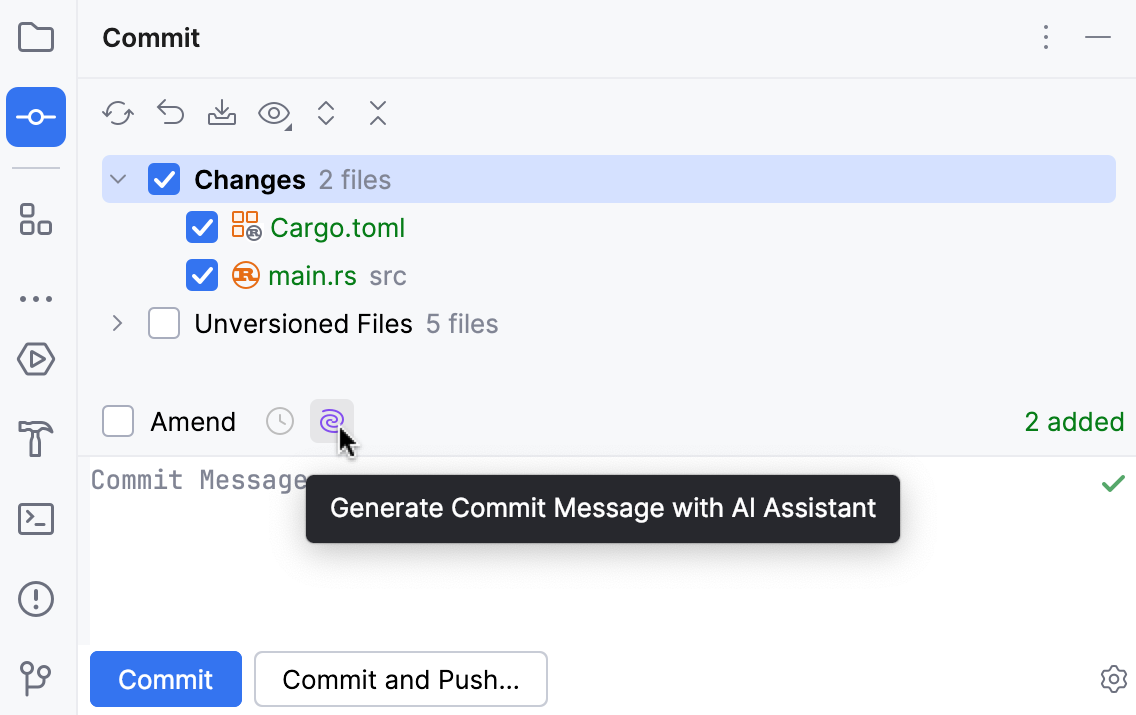 RustRover: AI Assistant generates commit messages