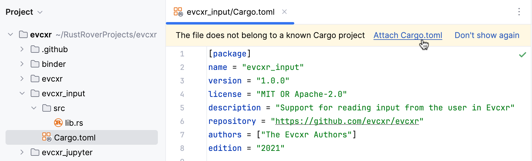 Attaching a Cargo project via editor notification