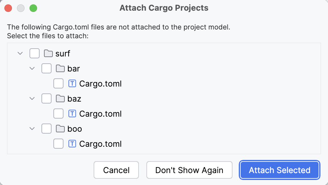 Attaching Cargo projects using the Attach Cargo Projects dialog