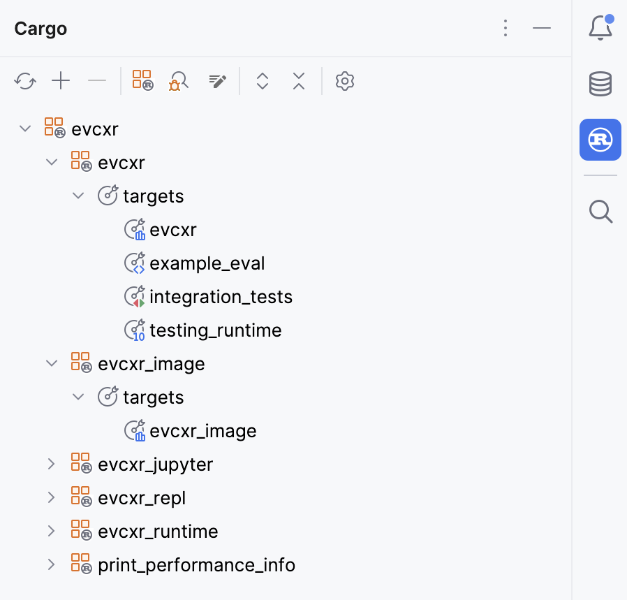 Cargo workspace displayed in the Cargo tool window