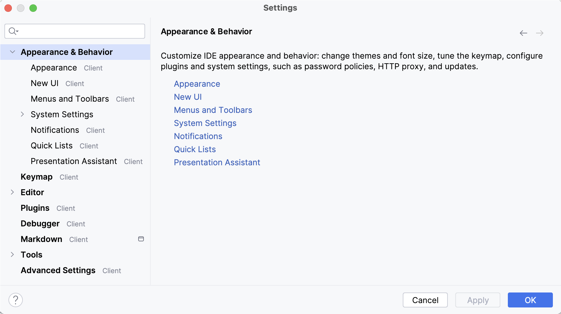 the Appearance and Behavior settings