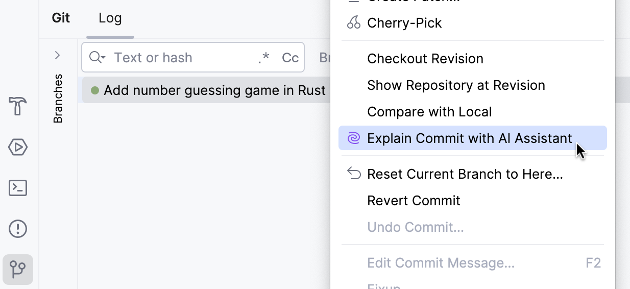 Explain Commit with AI Assistant option in VCS log