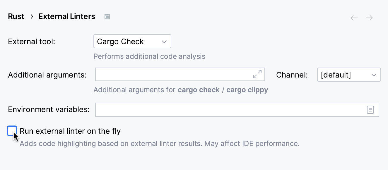 External linter settings: on-the-fly analysis off