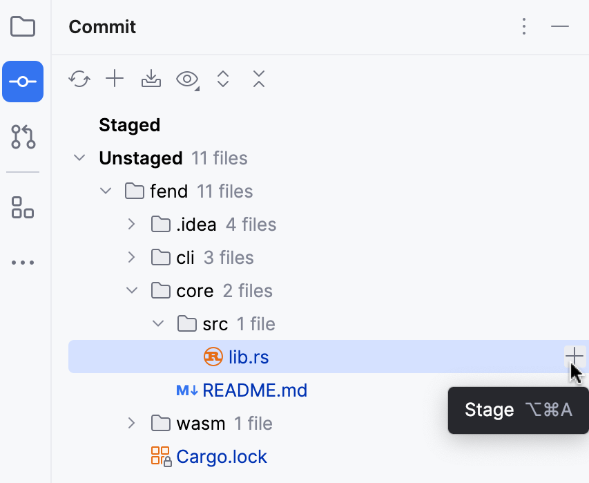 Stage from the Commit tool window