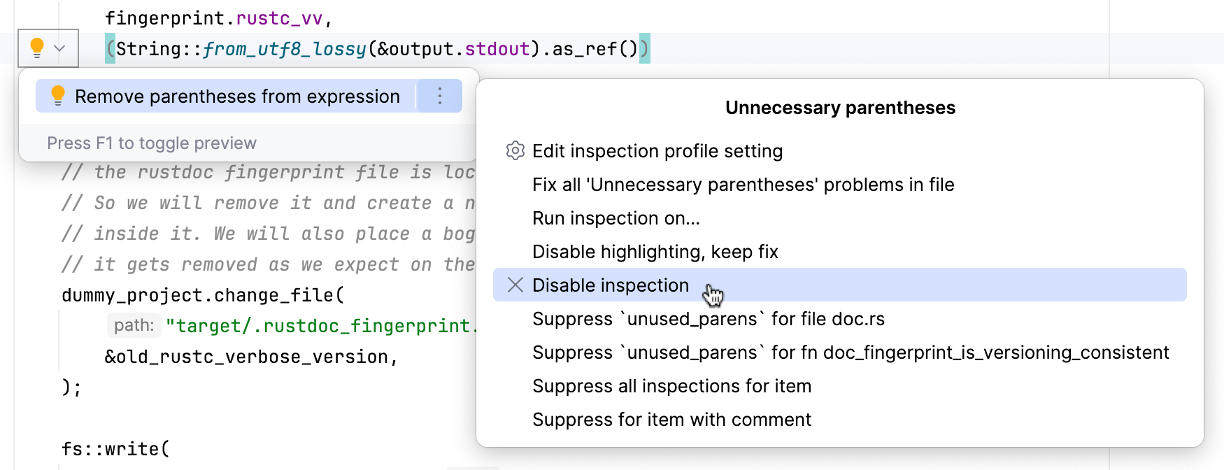 Disable an inspection in the editor