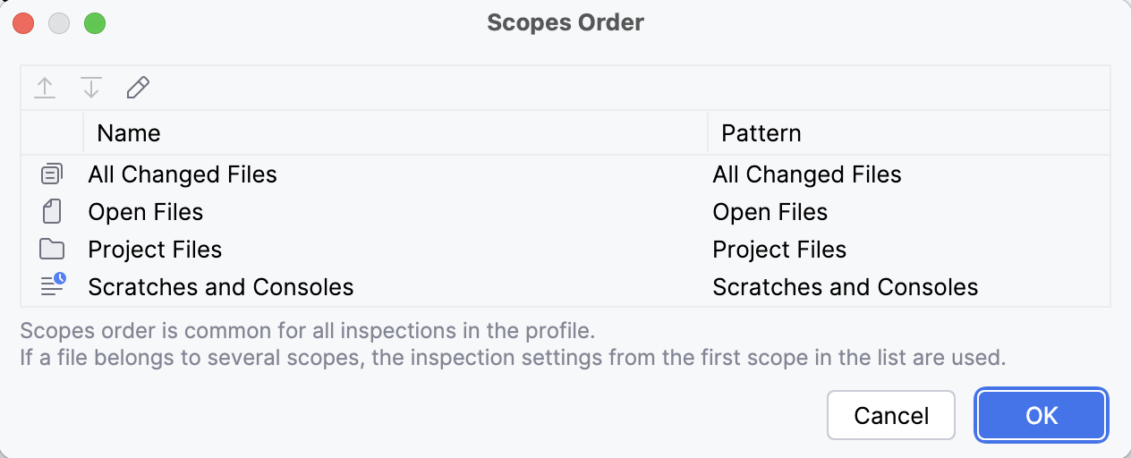 Changing the order of scopes dialog