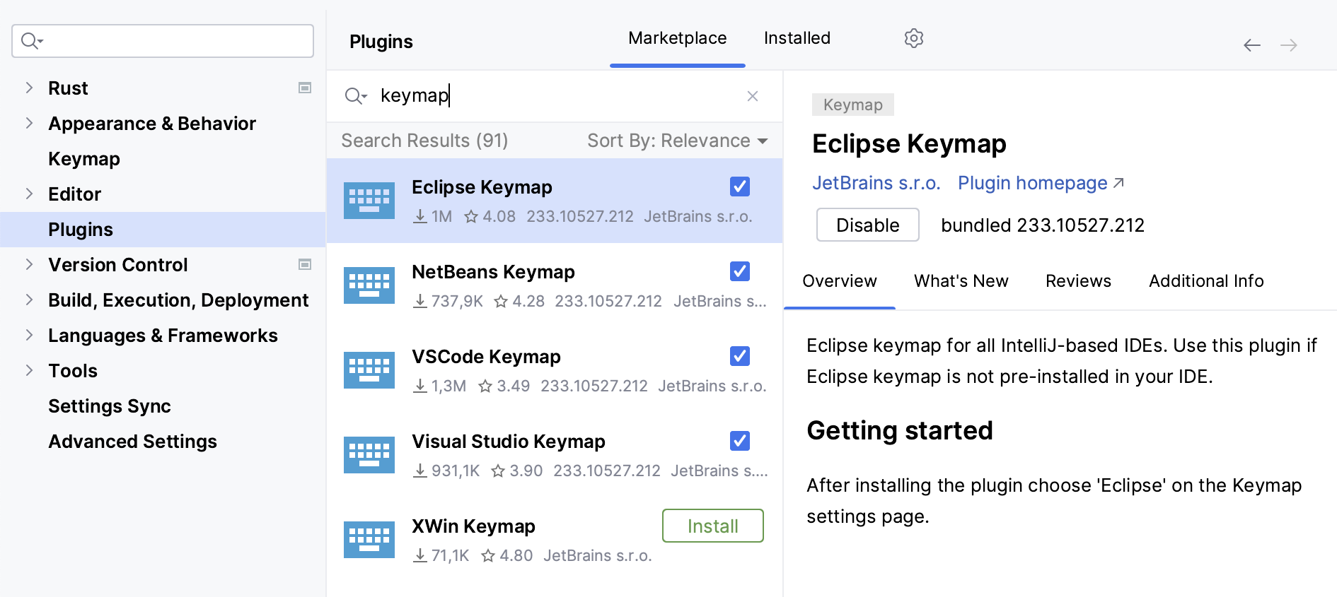 Searching for keymap plugins on Markeplace